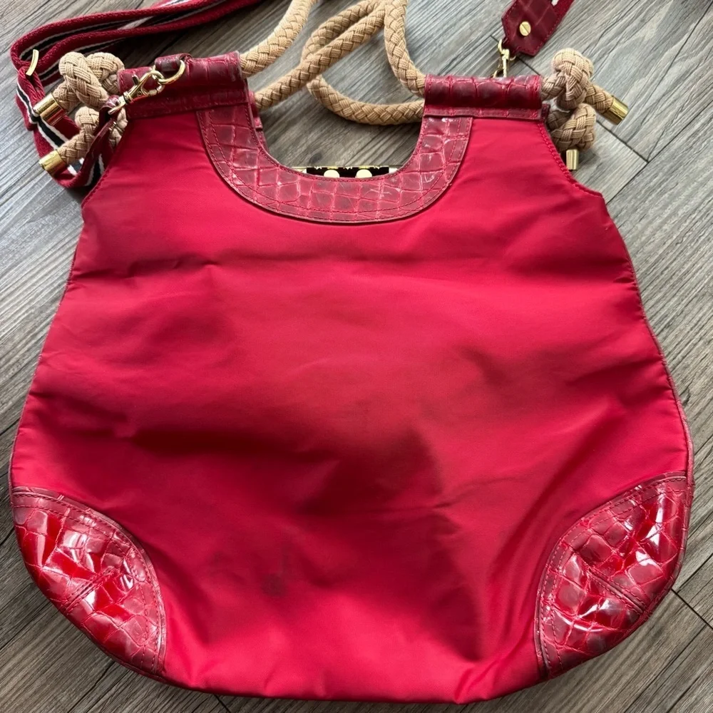 Tory Burch Red Nylon Croc Embossed Rope Handle Shoulder Hobo Bag